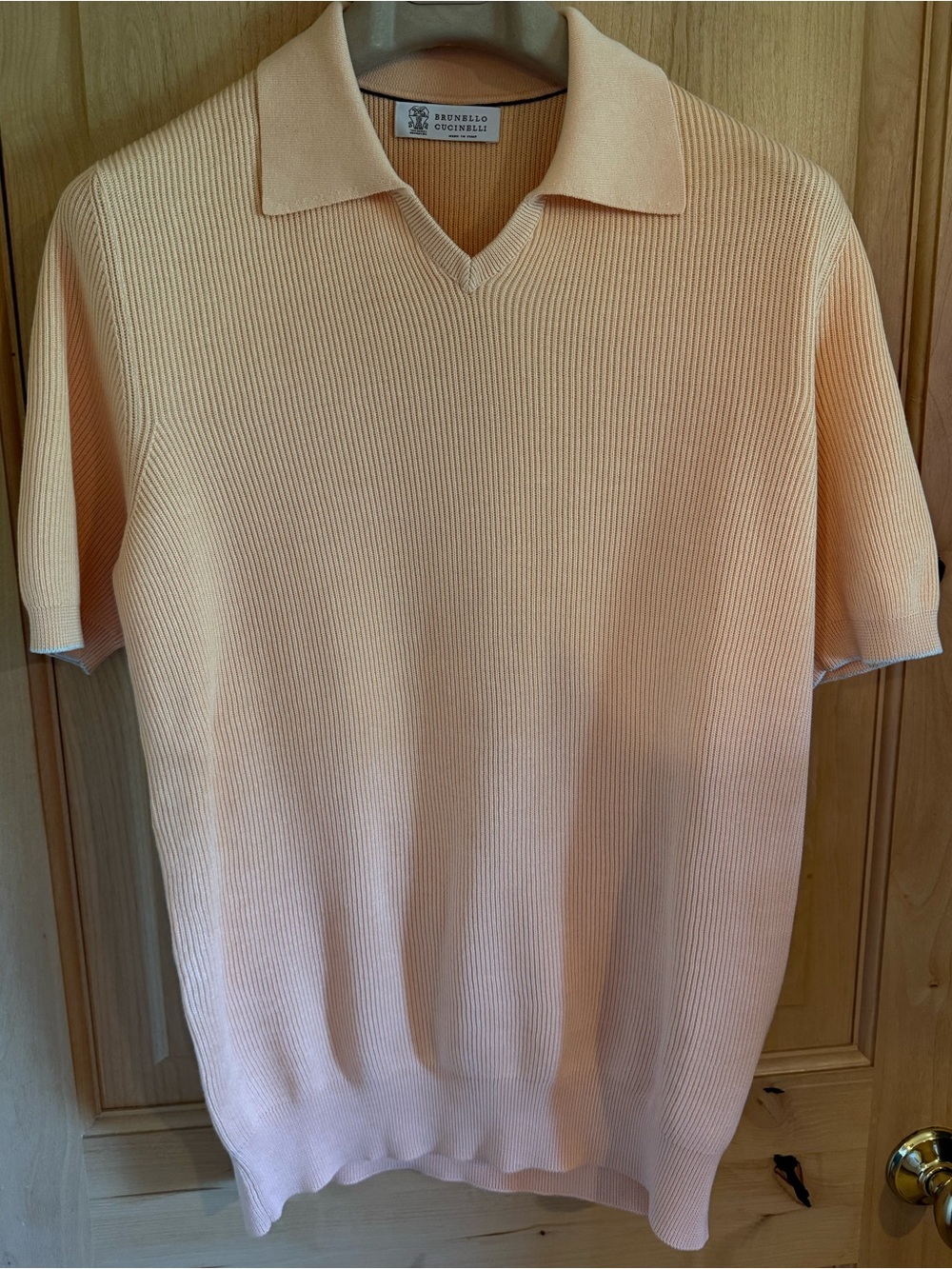 Brunello Cucinelli Soft Peach V-neck Knit Polo sweater